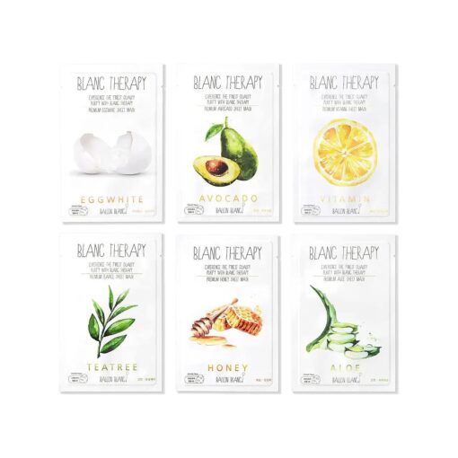 | Blanc Therapy Premium Sheet Masks | Relaxing Spa Self Care Gifts | Moisturizing Aloe and Vitamin, Skin Nutritional Korean Facial Masks for All Skin Types | 6 Masks