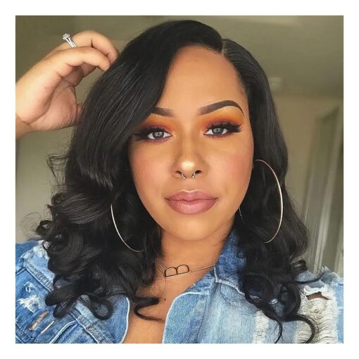 Fancy Hair Short Body Wavy Wig Curly Loose Wave Wigs Big Curly Lady Side Part Shoulder Length Wigs Synthetic Bob Wavy Wig for Black Women ( Black 16 inch )