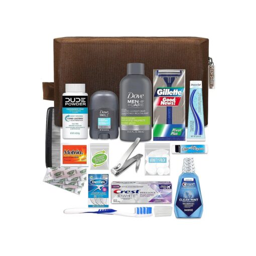 Convenience Kits International Men 's Premium 20-Piece Kit with Travel Size TSA Compliant Essentials, Featuring : Dove Men & Care Products in Brown Dopp Bag