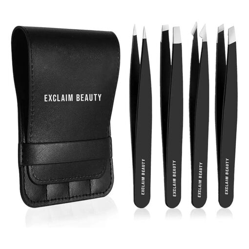 Tweezers for Women & Men Pack of 4 Stainless Steel Tweezers Set, Precision Tweezers for Eyebrows Splinter Ingrown Hair Removal Tweezers Kit for Women with Leather Case - Matte Black