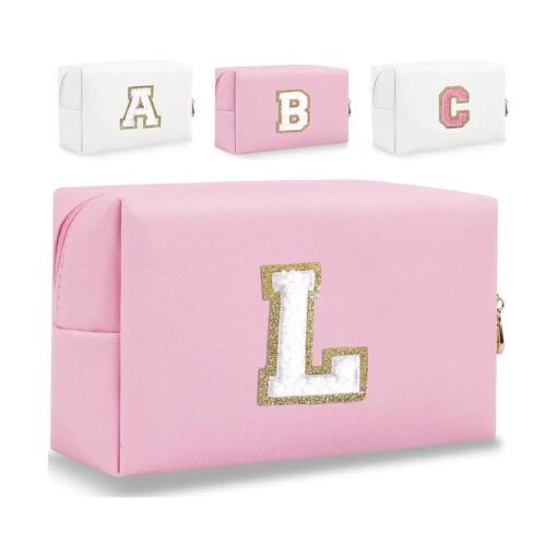 Small Personalized Letter Makeup Bag, Cute PU Leather Chenille Letters Cosmetic Bag Travel Makeup Bag, Preppy Makeup Pouch Travel Organizer Zipper Pouch Organizer for Women and Girls ( Pink-L )