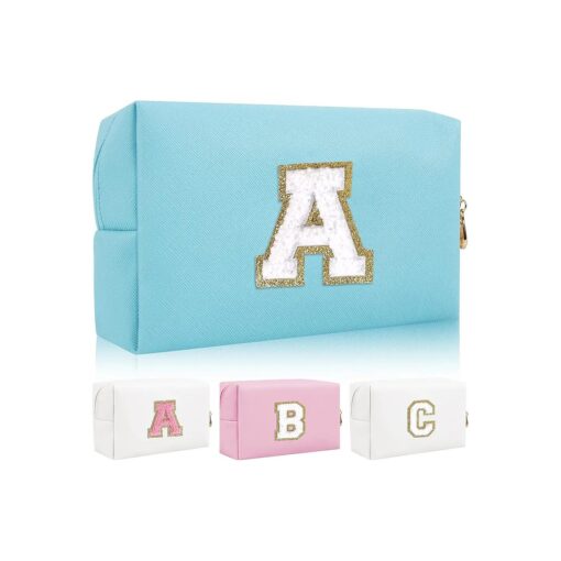 Personalized Initial Letter Patch Makeup Bag, Preppy Portable Chenille Letter Cosmetic Bag with Zipper, PU Leather Waterproof Travel Toiletry Bag Monogram Make Up Pouch for Women Girls ( Letter A )