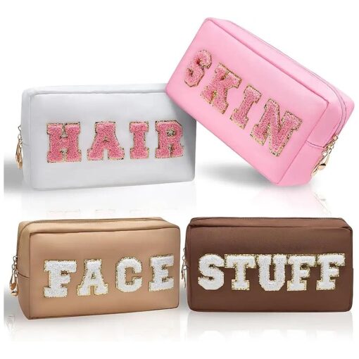 Preppy Makeup Bags 4 Pcs Travel Organizer Patch Bag Large Varsity Chenille Letter Cosmetic Toiletry Preppy Stuff Cute Bags Portable Pouch Storage Purse Bag Set