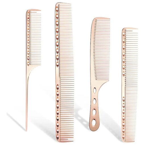 Professional Barber Aluminum Dressing Comb, 4 Types Metal Comb for Cutting Hair Comb for Hair Styling Included Long Hair Cutting Comb, Short Styling Comb, Handle Comb, Tail Comb ( Rose Gold )