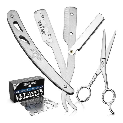 Straight Razor, Complete Straight Razors for Men Kit with 50 Single Blade Razors for Men and Scissors, Barber Supplies, Straight Edge Razor, Professional Barber Razor Blade ( Silver )