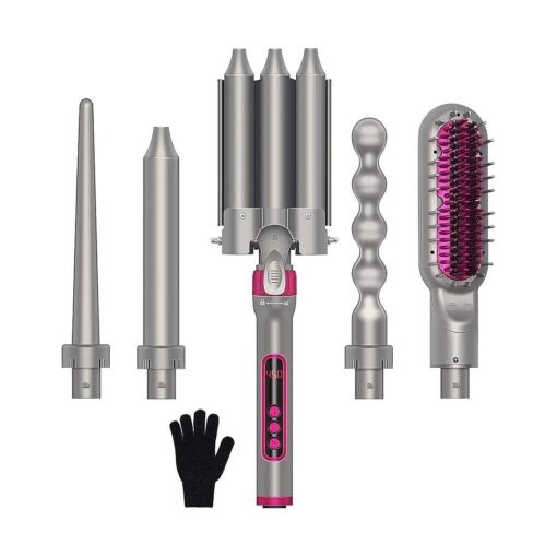 Curling Iron, 5 in 1 Ceramic Barrel Set with Hair Straightener Brush, Instant Heat Up, LCD Temp Control, Ideal Gift