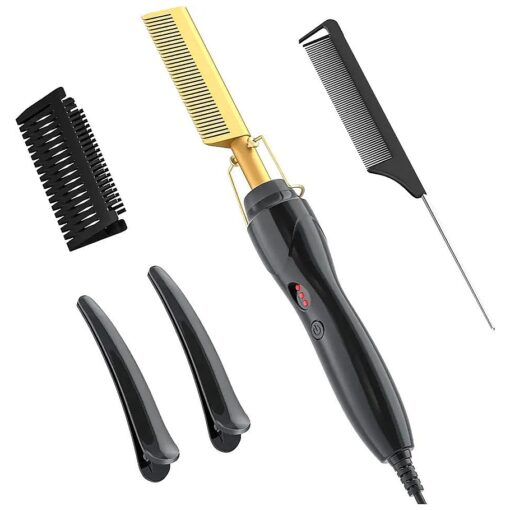 Hot Comb, Electric Hot Comb, Professional High Heat Ceramic Hair Press Comb, Multifunctional Copper Hair Straightener for American African Hair - Gold