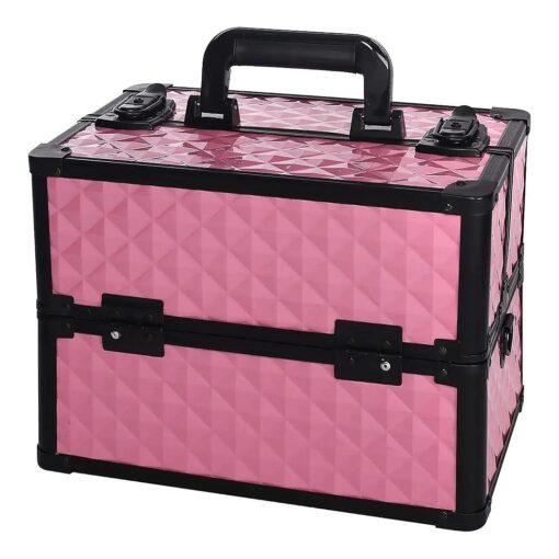 Makeup Train Cases Professional Cosmetic Box Travel Organizer with 4 Trays High-Capacity Opening Cosmetic Storage Organizer Box with Lock and and Handle ( Pink )