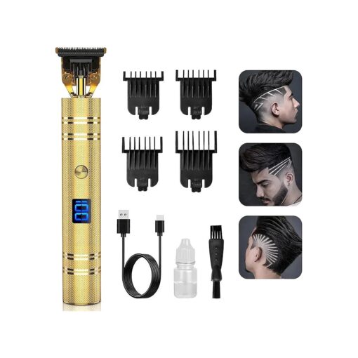 Qhou Hair Trimmer, Newest T-Blade Outline Trimmer for Men, Electric Pro Li Cordless Trimmer Zero Gapped Detail Liners for Men Barbershop Beard Shaver Rechargeable Hair Clippers with LED Display-Gold