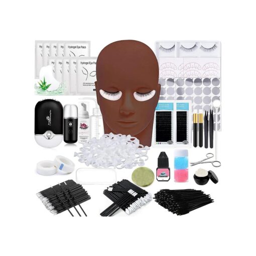 Lash Extension Kit Professional Eyelash Extensions Supplies Training for Beginners Mannequin Head Grafting Lash USB Fan Lash Shampoo Brush Spraye 0.07D Curl Mix 8-15mm Practice Eyelash Strips