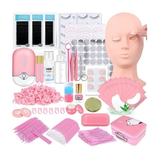 Lash Extension Kit Professional Eyelash Extensions Practice Set with Mannequin Head Removable Eyelids USB Lash Fan Individual False Eyelash Shampoo Brush Glue Practical Tools for Beginners