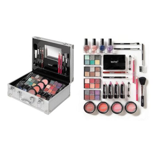 28 Pcs Carry All Full Make Up Kit In a Trunk Train Case Including Makeup Brushes, Eye Shadows, Nail Polish, Blushers, Lipsticks and More