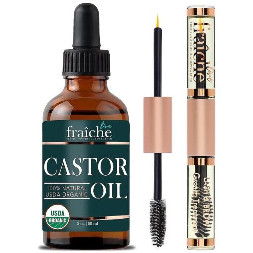 Castor Oil Organic ( 2oz ) + FREE Filled Mascara Tube USDA Certified, 100 % Pure, Cold Pressed, Hexane Free by Live Fraiche, Hair Growth Oil for Eyelashes, Eyebrows, Lash Growth Serum, Brow Treatment