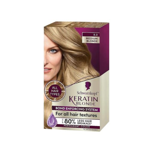 Keratin Color Permanent Hair Color, 8.0 Medium Blonde, 1 Application-Professionally Inspired Permanent Hair Dye, for up to 80 % Less Breakage vs Untreated Hair and up to 100 % Gray Coverage