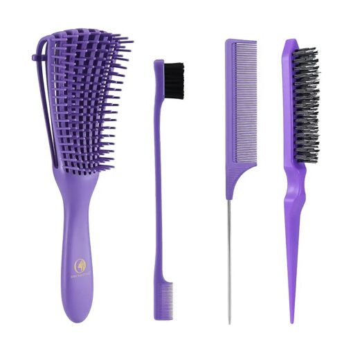 BRUSHZOO Hair Brush with Hair Styling Comb Set, Detangling Hair Brushes for Women Men Kids Curly Hair, HairBrush Set with Detangler Brush Teasing Hair Brush Rat Tail Comb Edge Brush ( Purpe )