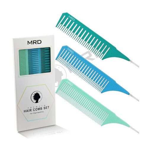 3 Sizes Premium Highlighting Comb Set Professional Weaving Styling With Rat Tail Comb Nylon Teasing Heat Resistant For Hair Salon Barbershop Home ( Blue/Green )