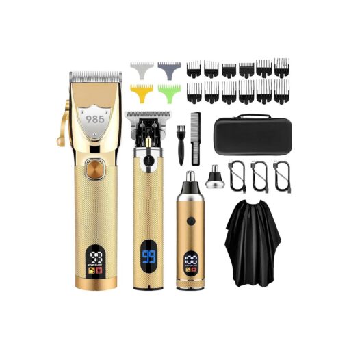 Professional Hair Clippers for Men, Electric Cordless Clippers and Trimmers Set, Nose Hair Beard Trimmer, Hair Cutting Barber Clippers with Guards, T Liners Edgers Clippers Mens Gifts ( Gold )