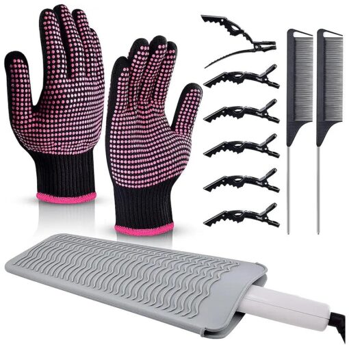 MORGLES Heat Gloves for Hair Styling, 2Pcs Professional Heat Resistant Gloves Silicone Heat Mat 6pcs Hair Clips and 2pcs Styling Comb for Curling Iron Wands Flat Iron