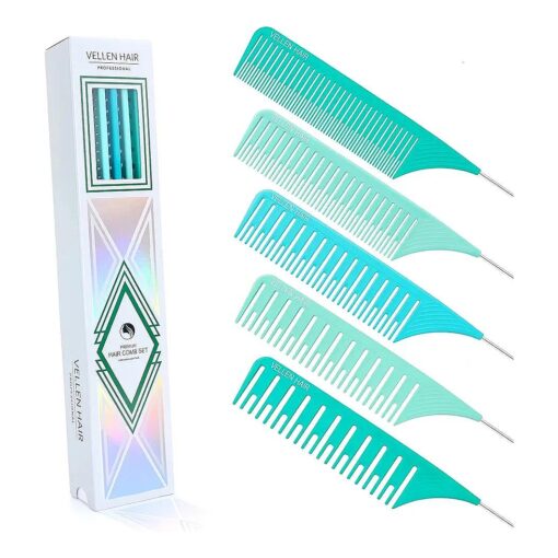 Vellen Hair Ultimate Highlight Comb Set Heat Resistant PEI Material 430degF Heat Resistant Professional Highlight Comb Balayage Comb with Extra Long Stainless Steel Needle - 5 Sizes ( Mint )