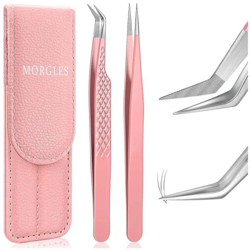 MORGLES Lash Extension Tweezers, Fiber Tip Tweezers for Eyelash Extensions for Volume Lashes with Bag, Stainless Steel