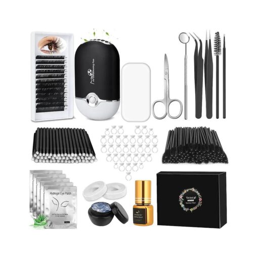 Professional Lash Extension Kit, Lash Cleaning Kit with Fan Dryer, D Curl Eyelash, Extension Glue, Remover, Tweezers, Eye Patches, Lash Tech Practice Lash Extension Supplies for Beginners