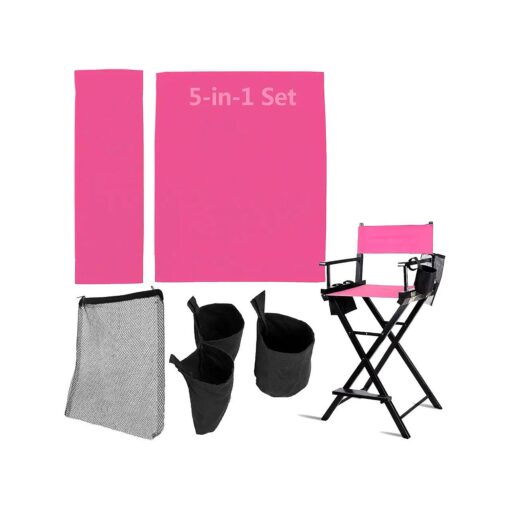 STAY GENT 5 in 1 Accessories Set for Makeup Artist Chair, ( not Including Chair ) Deep Pink Chair Replacement Cover Canvas, 2 Portable Side Storage Bags and Hanging Mesh Bag