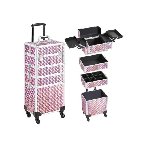 Yaheetech 4 in 1 Professional Makeup Train Case Rolling Cosmetic Trolley Makeup Case Organizer Makeup Travel Case with 4 Detachable Removable Wheels, Glitter Pink