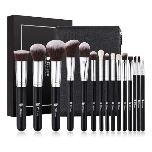 DUcare Makeup Brushes with Bag,15Pcs Makeup Brush Set Travel Kabuki Foundation Blending Blush Eyeliner Shadow Brow Concealer Brushes Kit Black