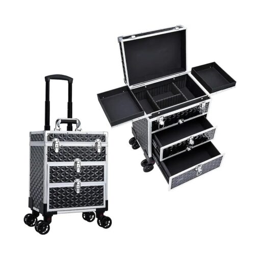 FRENESSA Professional Rolling Makeup Case Aluminum Trolley Train Case with 360deg Swivel Wheels for Makuep Artist Travel Cosmetic Organizer with Sliding Drawers for Nail Tech Hairstylist Barber, Black