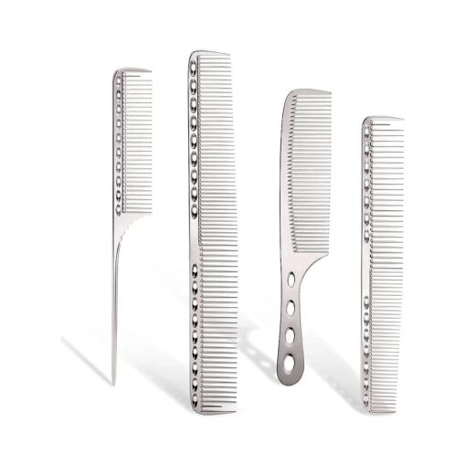 Professional Aluminum Dressing Comb, 4 Types Metal Hair Combs For Hair Styling Included Long Hair Cutting Comb, Short Styling Comb, Handle Comb, Tail Comb ( silver )