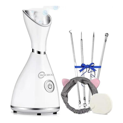 Face Steamer for Facial Deep Cleaning Nano Ionic Face Steamer Warm Mist Humidifier Face Steamer Home Sauna SPA Face with 4 Piece Stainless Steel Skin Kit, Hair Band, Wash Face Sponge