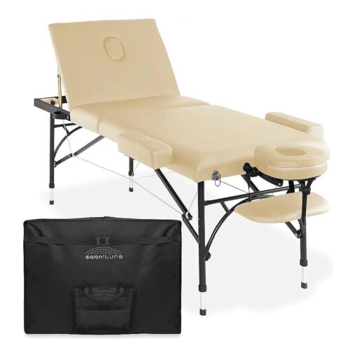 Saloniture Professional Portable Lightweight Tri-Fold Massage Table with Aluminum Legs - Includes Headrest, Face Cradle, Armrests and Carrying Case, Cream