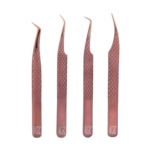 M LASH Eyelash Extension Tweezers ( Set of 4 ) - Professional & Precision Lash Tweezers for Eyelash Extensions - Japanese Steel, Diamond Grip, Fiber Tip V3 ( Rose Gold )