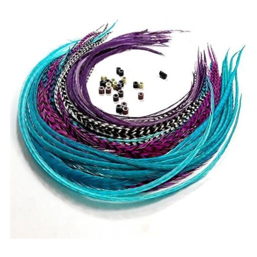 Feather Hair Extensions, 100 % Real Rooster Feathers, Long Violet, Purple, Blue Colors, 20 Feathers with 20 Beads and Loop Tool Kit by Sexy Sparkles