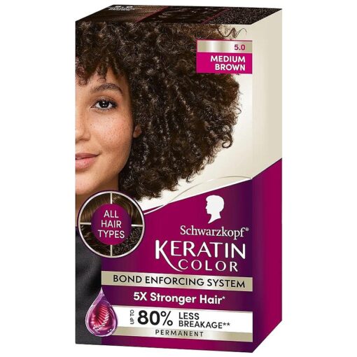 Keratin Color Permanent Hair Color, 5.0 Medium Brown, 1 Application - Salon Inspired Permanent Hair Dye, for up to 80 % Less Breakage vs Untreated Hair and up to 100 % Gray Coverage