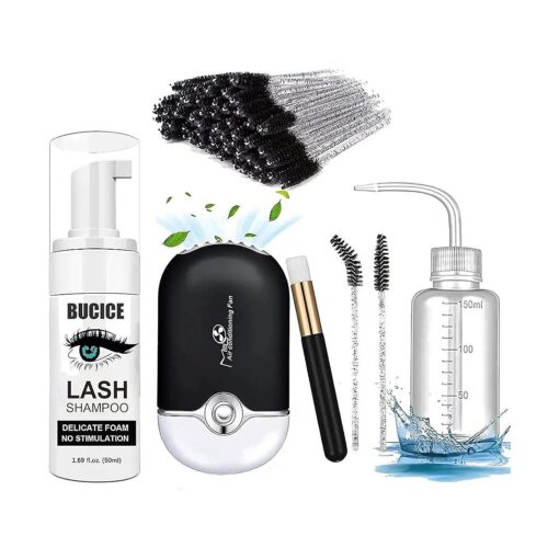 Eyelash Extension Kit, 50ml Lash Shampoo Lash Mousse for Eyelash Extensions Cleanser, Lash Fan USB Handheld Air Conditioning Blower Fan, with Mascara Brushes Nose Brushes and Wash Bottle Set