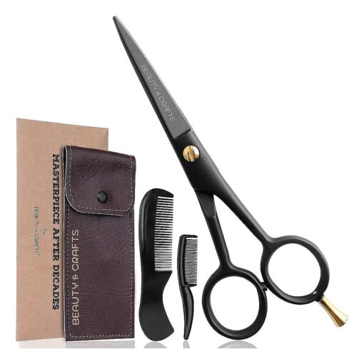 Beauty & Crafts- 5" German Beard Mustache Scissors - 2 Mustache Comb for Facial Hair with Beautiful Pouch - Beard Trimming Scissors Use for Grooming, Cutting, and Styling of Mustache ( Black )