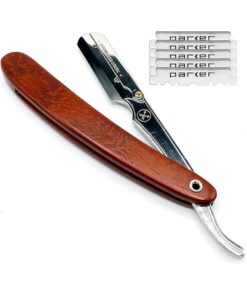 Parker SRRW, Rosewood Wood Handle Straight Edge Barber Razor with Stainless Steel Blade Arm for Professionals, 5 Blades Included