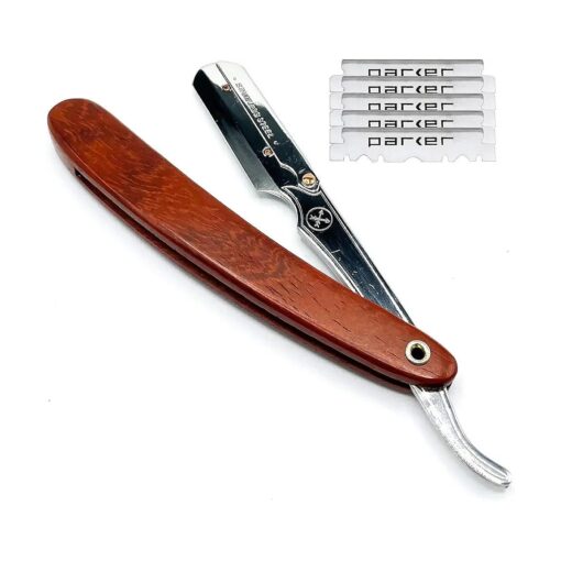 Parker SRRW, Rosewood Wood Handle Straight Edge Barber Razor with Stainless Steel Blade Arm for Professionals, 5 Blades Included