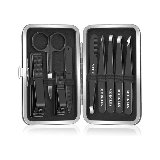 Tweezers Set and Nail Clippers, Tweezers Set for Men, MORGLES 9PCS Professional Stainless Steel Tweezers No Gaps with Leather Travel Case