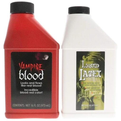 Fake Blood and Liquid Latex 16 Oz - Combo Kit - for Adults and Kids, Vampire Blood, Ideal for Artwork, Theater and Cosplays, 2 Full Pints