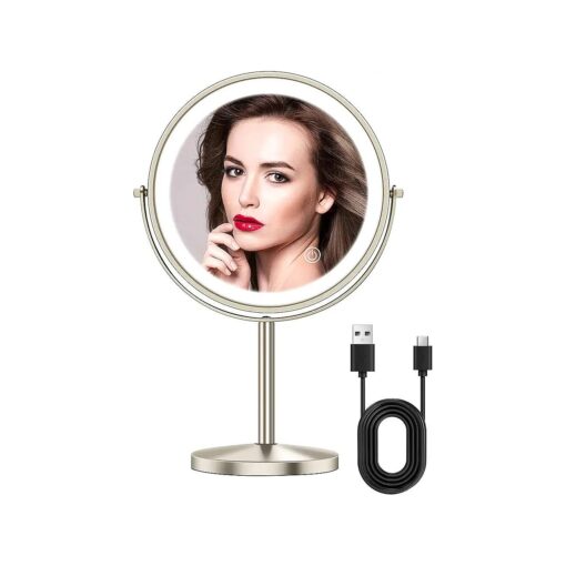 TOLOYE Lighted Makeup Mirror, 8Inch 1X/10X Magnifying Vanity Mirror with 3 Colors Dimmable Lightning, 360degRotation Double Sided Rechargeable Tabletop Vanity Mirror Standing Desk Mirror