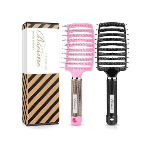 Hair Brush Set, Curved Vented Detangling Hair Brushes for Women Men Kids, Professional Vent Styling Brush for Wet Dry Curly Thick Straight Hair Fast Blow Drying Brush ( Pink+ Black )