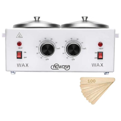 Double Wax Warmer Professional Electric Wax Heater Machine for Hair Removal, Dual Wax Pot Paraffin Facial Skin Body SPA Salon Equipment with Adjustable Temperature Set - 100 Wax Applicator Sticks