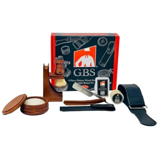 G.B.S Complete Professional Wet Shave Kit Shaving Set- Shave Box Includes 5/8" Inch Carbon Steel Straight Razor with Wooden Handle, Synthetic Hair Shave Brush, Wood Shave Soap Bowl