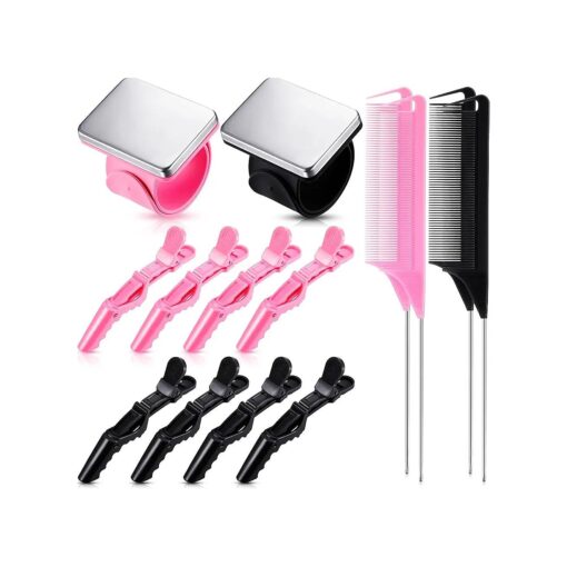 14 Pcs Hair Braiding Tool 2 Pieces Magnetic Pin Wristbandand 4 Pcs Braiding Comb for Parting with 8 Pcs Wide Teeth Alligator Sectioning Hair Clip for Hair Braid Tool Braid Maker ( Black, Pink )