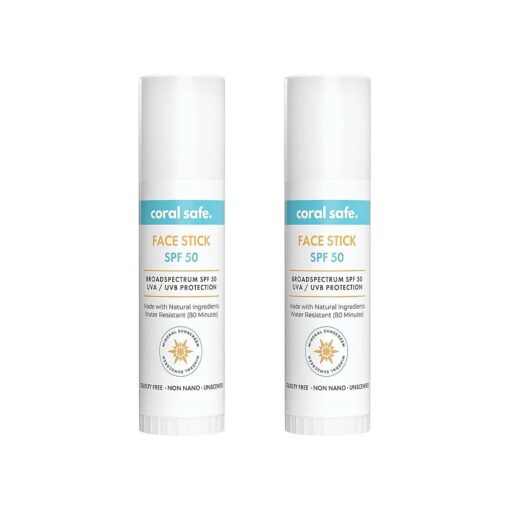 Reef Safe Sunscreen SPF 50 Mineral Face Stick 2 Pack, Hawaii & Mexico Approved, Biodegradable, Zinc, Vitamin E, Oxybenzone & Octinoxate Free, Water Resistant, Made in USA by Coral Safe