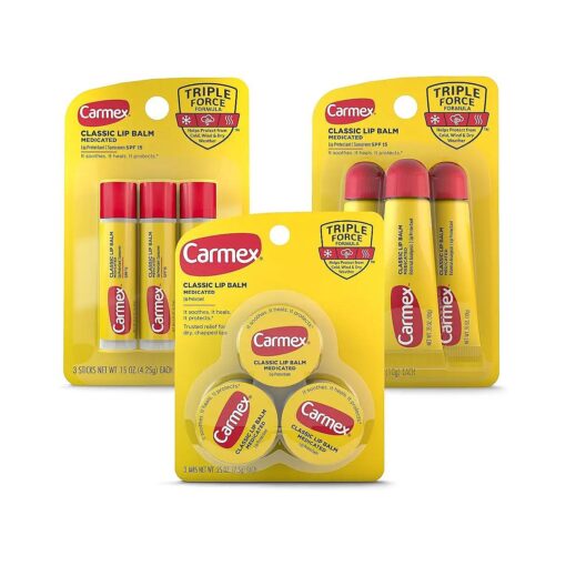 Carmex Medicated Lip Balm Variety Pack, Lip Moisturizer for Dry, Chapped Lips, Carmex Classic Sticks 0.15 oz, 3 count, Carmex Classic Tubes 0.35 oz, 3 count, Carmex Classic Jars 0.25 oz, 3 count