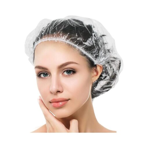 Auban 100PCS Disposable Shower Caps Individual Packing, Plastic Clear Hair Cap Large Thick Waterproof Bath Caps for Women, Hotel Travel Essentials Accessories Deep Conditioning ( 19.3" )