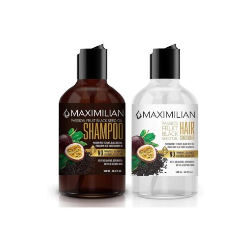 Maximilian Passion Fruit Black Seed Oil Curly Hair Shampoo and Conditioner Set- Extra Volumizing, Strengthing, Moisturizing, Hydration and Shine - Sulfate Paraben Free - ( 2 x 16.9 Fl Oz / 500mL )